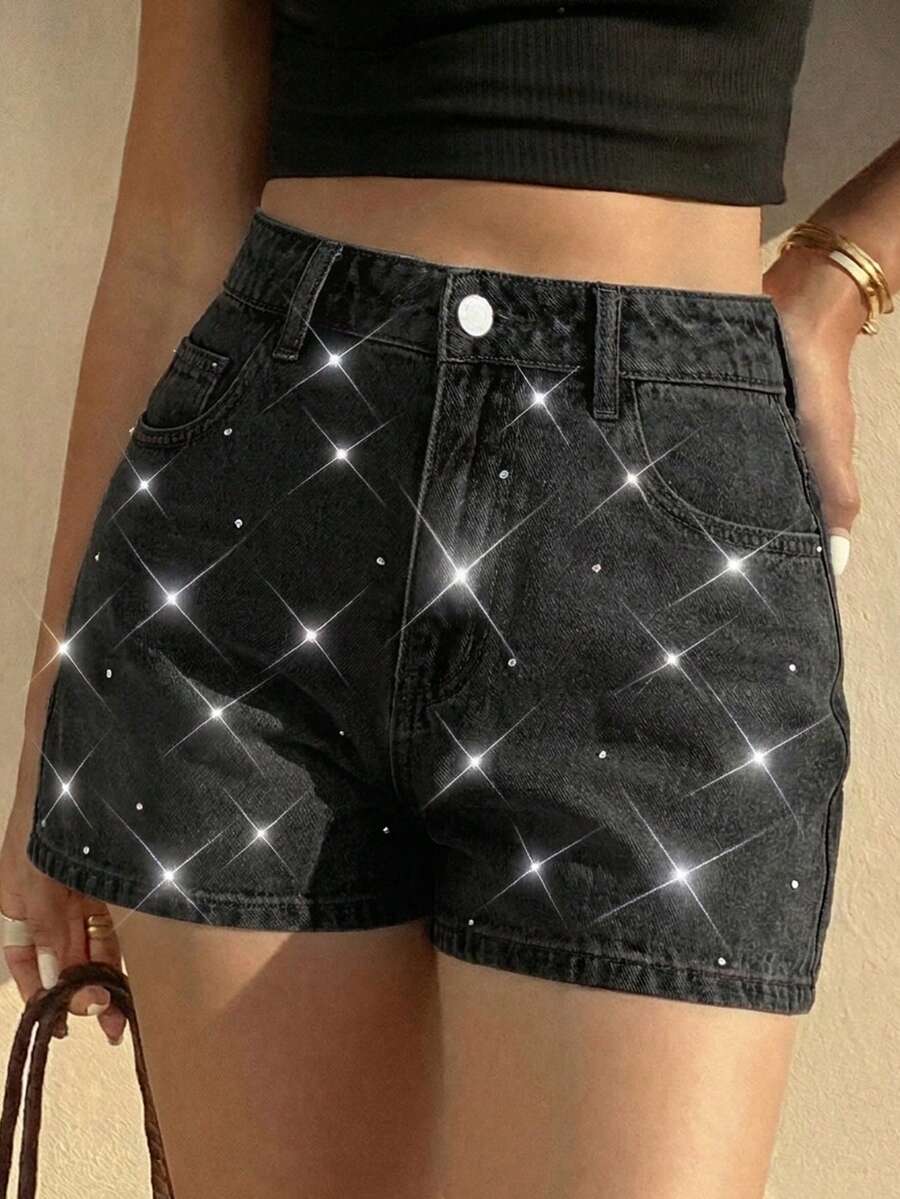 SHEIN Teen Girl Rhinestone Embellished Pocket Button Denim Shorts - White - View 1