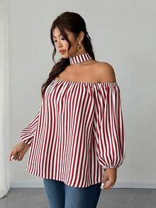 SHEIN Elenzya Áo kiểu mùa hè cỡ lớn mới, hở vai, kẻ sọc, thiết kế kiểu Pháp Niche, tay áo cánh hoa. - Đỏ - Xem 6