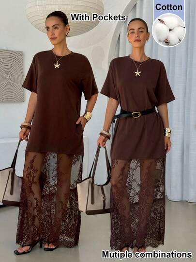 Lavishia 女士舒适时尚蕾丝拼接长裙，夏季