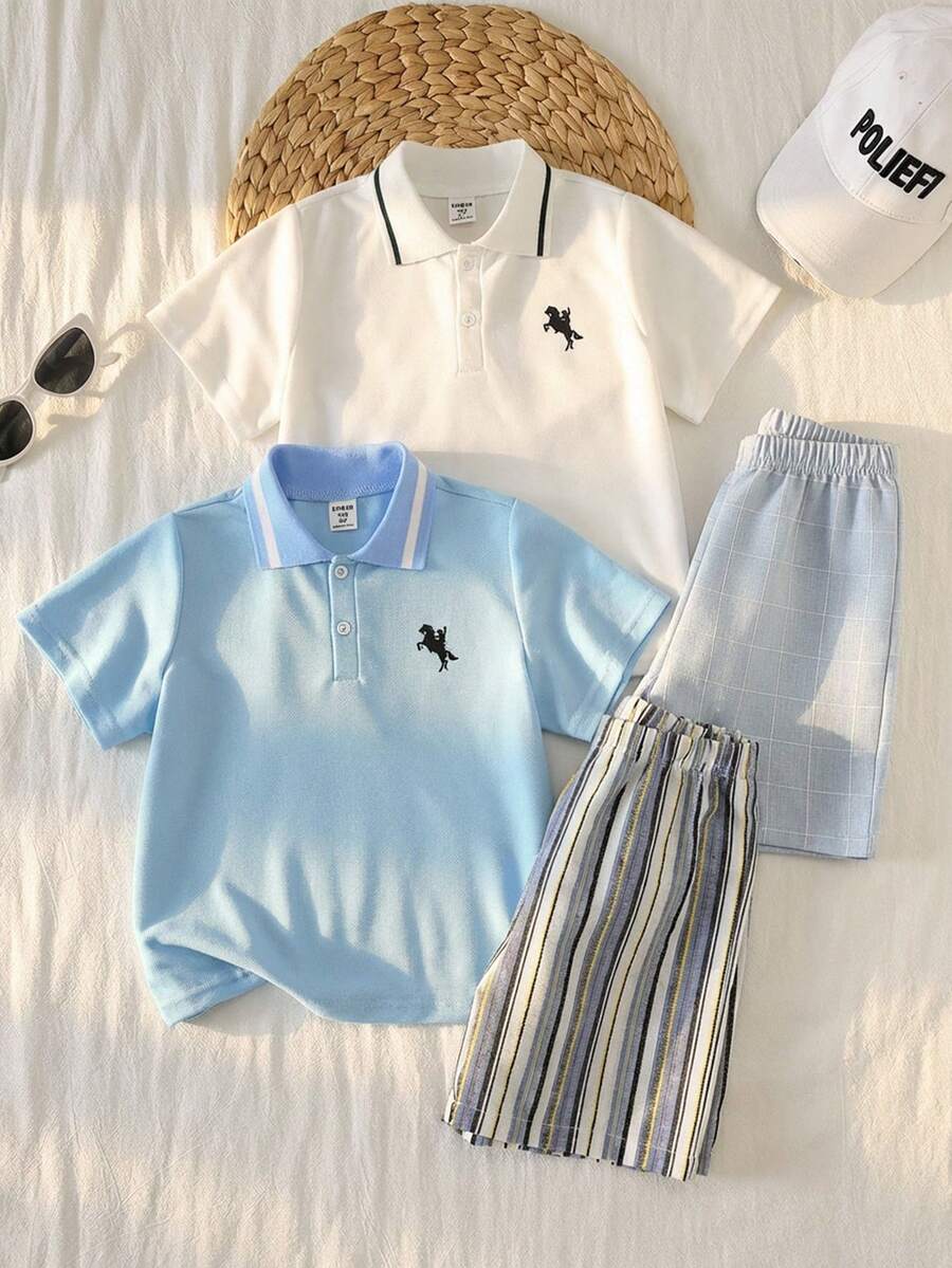 男童撞色 Polo 领短袖亨利衫和松紧腰短裤两件套,适合春、夏、秋季日常穿着、运动、郊游、上学、聚会、度假、拍照等场合。 - 彩色 - 查看 1