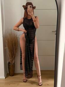 SHEIN Swim SXY 女士镂空纹理面料夏季吊带系带下摆流苏侧开衩露背性感优雅女士沙滩派对假日度假风罩衫连衣裙 - 黑色 - 查看 4