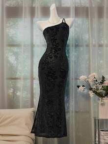 Glisette 1pc Women's Long Black Elegant Goth Party Evening Night Club/Holiday/Birthday Dress Autumn - Black - View 8