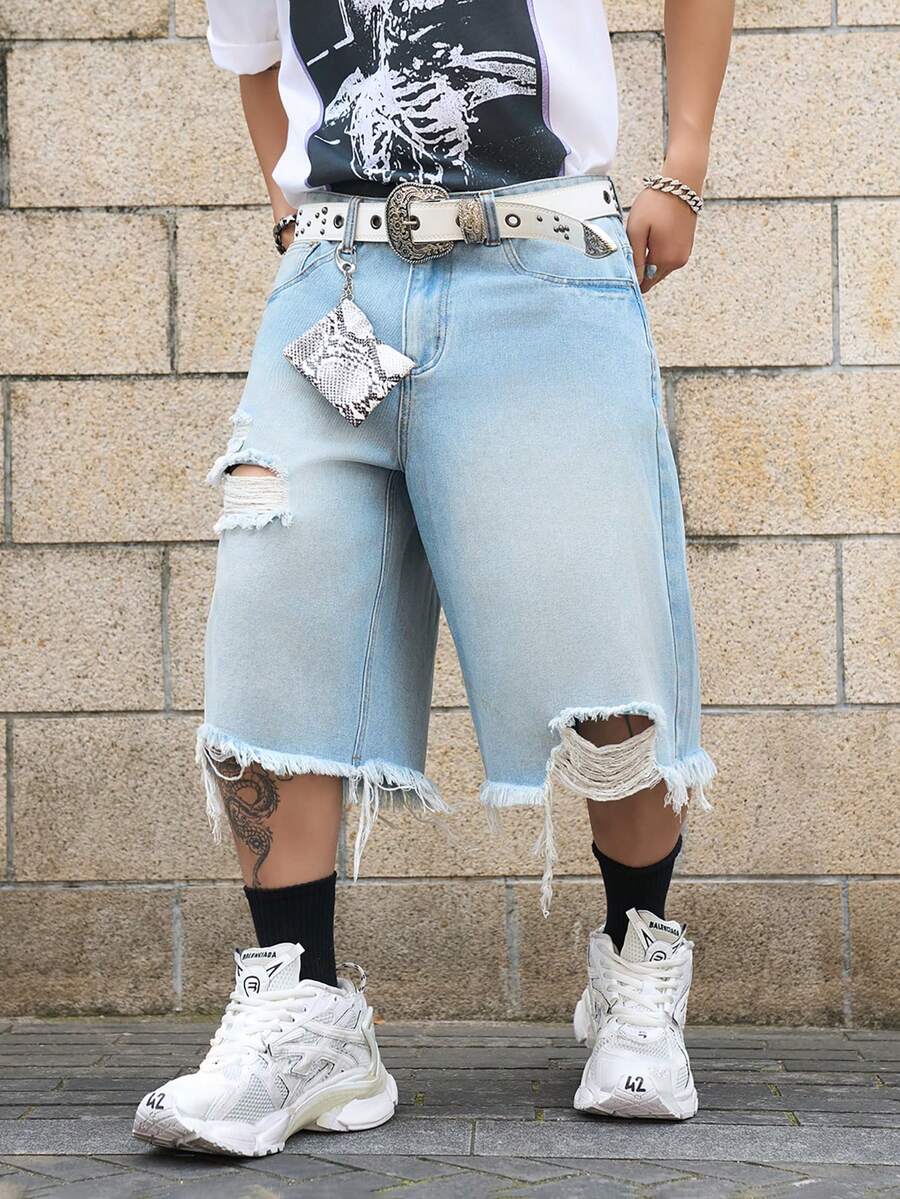 Manfinity EMRG Quần short denim ống rộng màu đồng bạc màu dành cho nam - Rửa nhẹ - Xem 1
