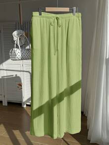 Comfortcana Große Größen grüne plissierte strukturierte weite Hose mit Kordelzug, Casual Urlaub - Grün - Übersicht 4
