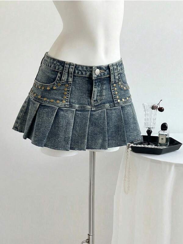 Elamini Ultra Low-Rise Rivet Vintage Denim Pleated Mini Skirt