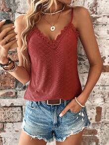 EMERY ROSE Solid Color Lace Patchwork Casual Daily Camisole - Burgundy - View 4