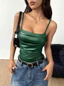SHEIN Raffinéa 女士高弹PU吊带背心，性感简约，高弹PU材质，安哥拉红，性感吊带上衣 - 墨綠色 - View 3