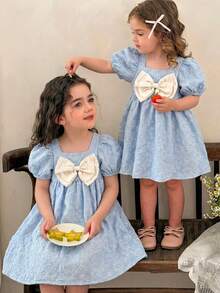 LMoss Kids 女嬰編織領子泡泡袖拼色蝴蝶結裝飾休閒洋裝 - 藍色 - 查看 8