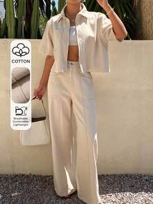 Conjunto de top corto holgado de cuello polo de algodón y pantalones vaqueros casuales para mujer - Beis - Ver 1