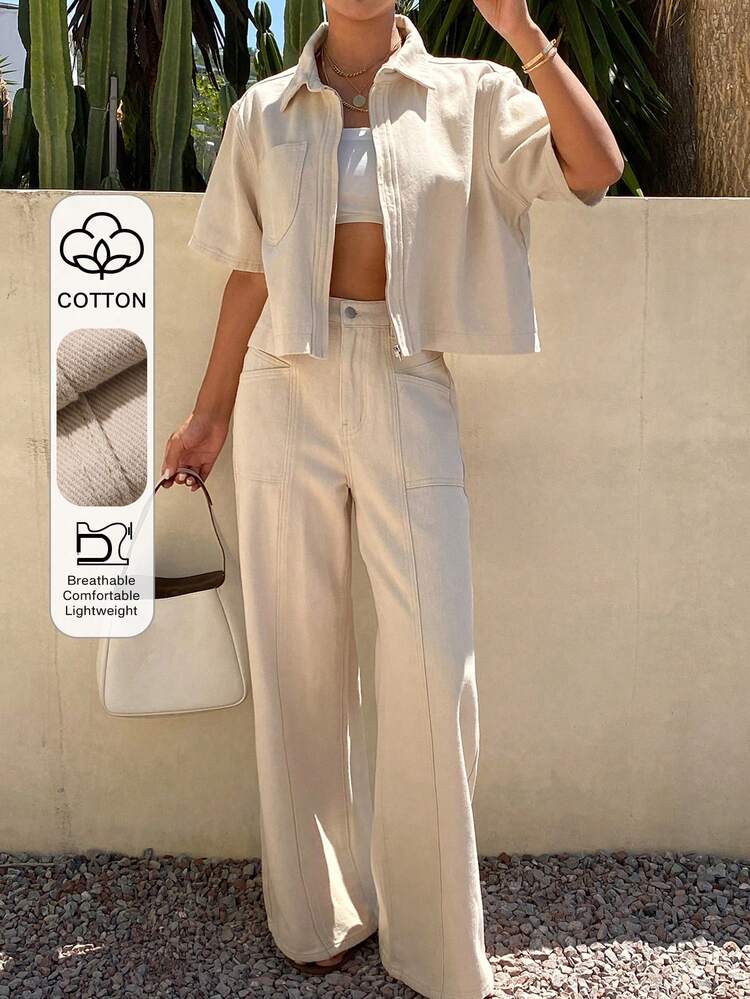 Women's Cotton Polo Collar Loose Cropped Top And Casual Denim Pants Set