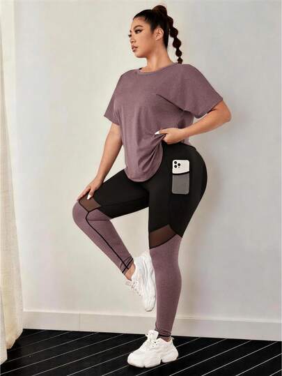 EMERY ROSE CURVE 大码运动 T 恤和网眼内嵌运动紧身裤，配有手机口袋，健身女士套装