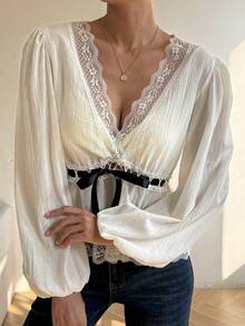 DAZY Women's V-Neck Lace Patchwork Long Sleeve Cinched Waist Contrast Color Tape Patchwork Elegant Pullover Blouse - White - View 5