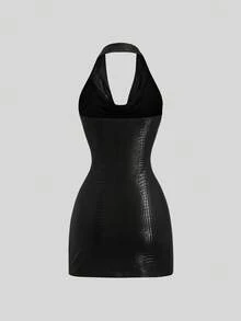 Sweetra Women's Summer Fashion Solid Color Textured Halter Backless Bodycon Dress - Black - View 2