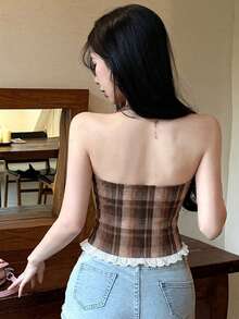 DAZY Casual Plaid & Lace Patchwork Halter Neck Tank Top For Women, Spring & Summer Y2k Halter Top - Brown - View 2