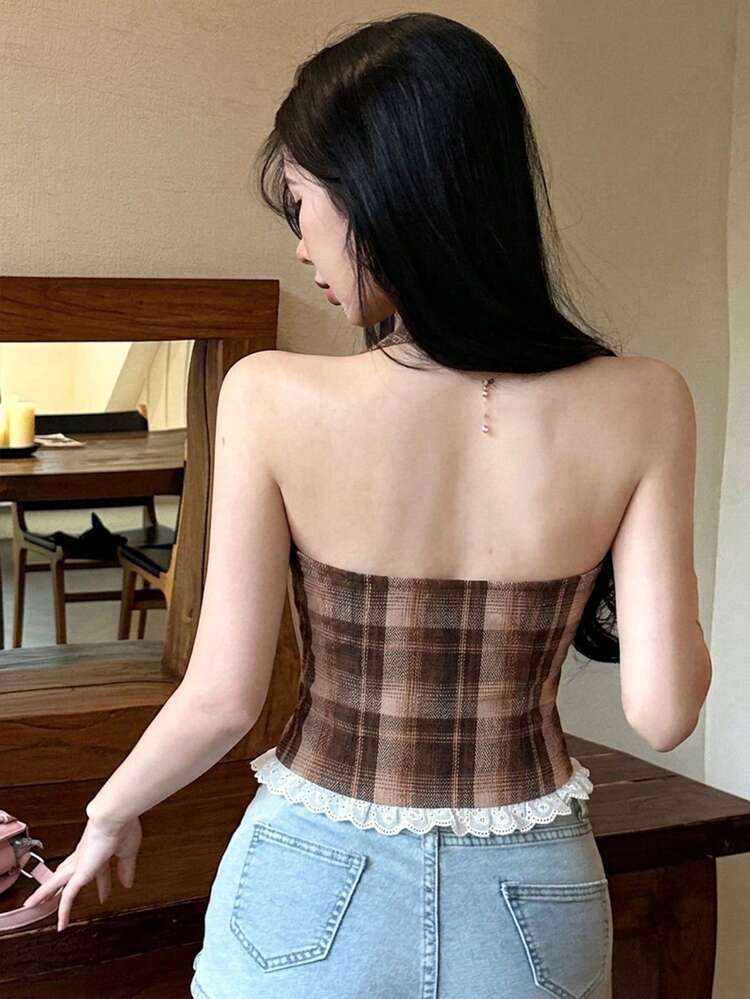 Casual Plaid & Lace Patchwork Halter Neck Tank Top For Women, Spring & Summer Y2k