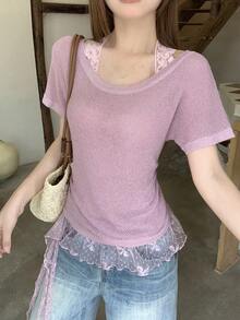 DAZY Women's Contrast Lace Ruffle Hem Tie Neck Casual Vacation Summer Lightweight Knit Top - Pink - View 4
