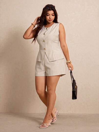 Elaquor Plus Size Summer Casual Commute Striped Vest And Shorts 2 Pieces Set