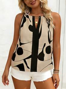 EMERY ROSE Plus Size Women Casual Geometric Pattern Blouse, Brown Patchwork, Shirt Collar Top Gym Summer - Multicolor - View 3