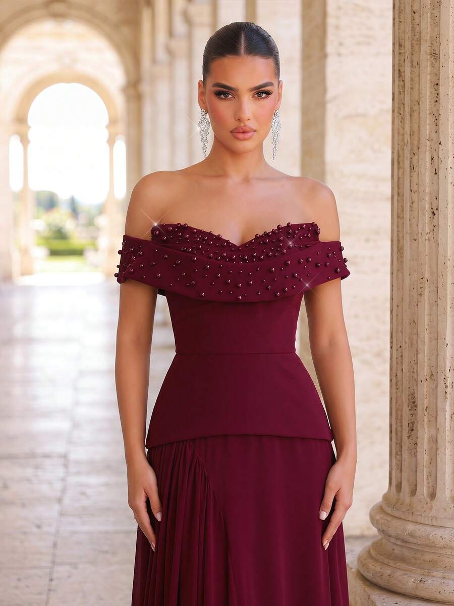 Glamrae 优雅奢华的酒红色弹力针织拼接雪纺连衣裙，手工珍珠装饰，露肩无肩带A字裙，荷叶边细节和拖尾裙摆，女士正式晚礼服