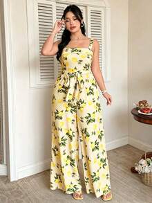 FleurLily Bộ áo liền quần cỡ lớn dành cho nữ, có dây đeo điều chỉnh eo, túi hai bên, in hình quả chanh, thoải mái và thanh lịch, thích hợp cho mặc ngoài trời. - Màu vàng - Xem 1