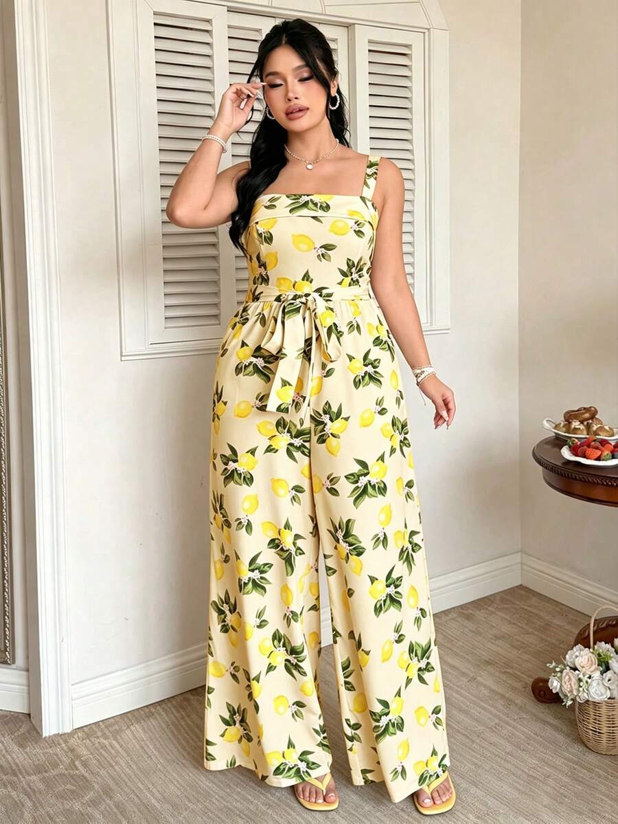 FleurLily Bộ áo liền quần cỡ lớn dành cho nữ, có dây đeo điều chỉnh eo, túi hai bên, in hình quả chanh, thoải mái và thanh lịch, thích hợp cho mặc ngoài trời. - Màu vàng - Xem 1