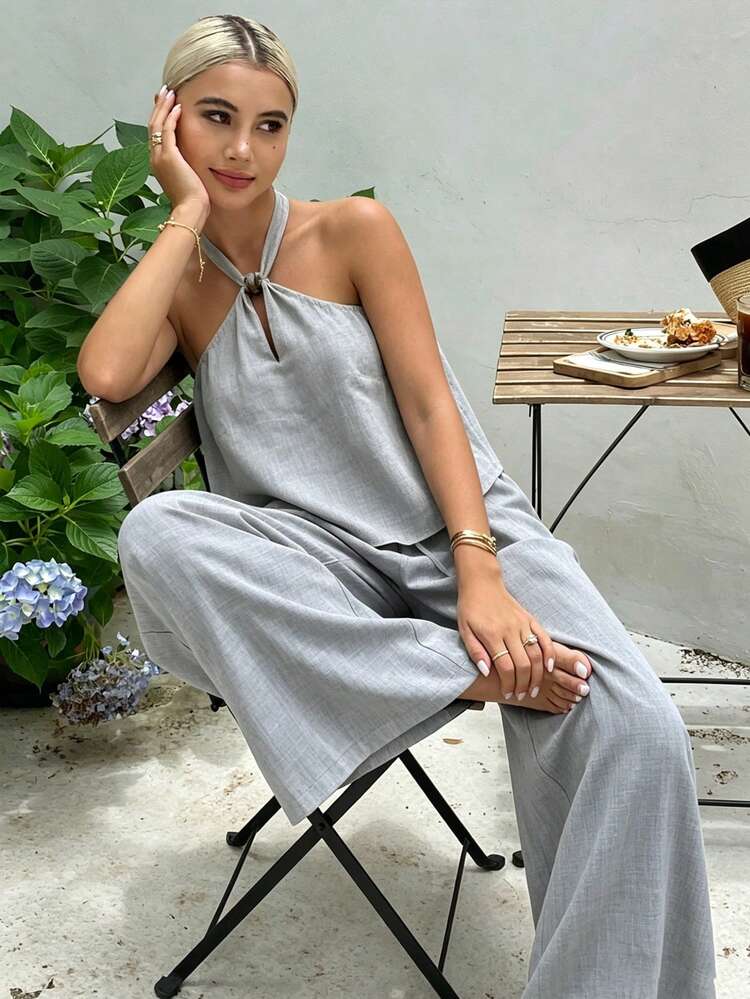 Women's Solid Color Cross-Neck Camisole And Wide Leg Pants Set Lounge Sets For Women