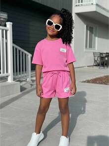 2pcs/Set Young Girls' Knitted Solid Pink Ribbed Texture Soft Comfortable Loose Crew Neck T-Shirt And Fitted Shorts Set - Watermelon Pink - View 6