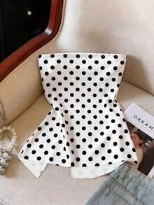 New Spring/Summer Fashion Sexy Polka Dot Pattern White Soft Waist Ruched Hem Slit Bandeau Top - Multicolor - View 2