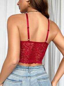 Myrelith Women's Solid Color Lace Patchwork Sheer Fitted Camisole Lingerie - Red - View 2