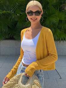 Cárdigan casual de manga larga y corto de unicolor, ligero para el verano - Amarillo - Ver 3