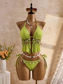 Bellisia Conjunto de top corto y tankini de jacquard texturizado para vacaciones de primavera/verano en la playa - Verde - Ver 4