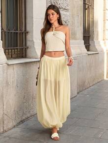 Firerie Women's Elegant Loose Palazzo Pants, Suitable For Beach Vacation, Dates Chiffon Women Casual Pleated Flowy Greece Outfits - Light Yellow - View 4