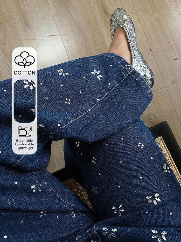 Women's Regular Waist Loose Straight Rhinestone Floral Print Elegant City Casual Jeans