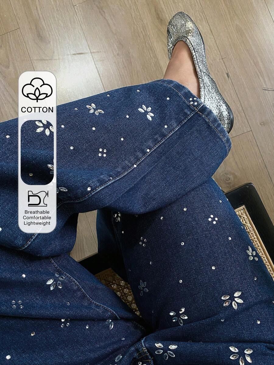 DAZY Women's Regular Waist Loose Straight Rhinestone Floral Print Elegant City Casual Jeans - Dark Wash - View 1