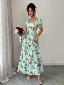 SHEIN Elenzya 女士花卉玫瑰印花方领A字泡泡袖优雅日常/度假/通勤时尚情人节约会法式街头复古百搭派对白色底红色玫瑰印花早春/春夏短袖中长连衣裙 - 薄荷綠 - 查看 6
