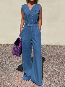Livesso Cotton Collared Sleeveless Waist Cinched Women Denim Jumpsuit And Overalls - Blue - View 4