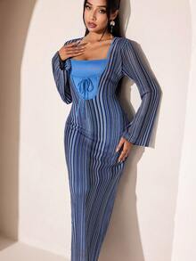 Veilorie Women's Spring/Autumn Beach Golf Vacation Colorblock Striped Print Flare Sleeve 2 In 1 Long Dress Pastal Sexy - Blue - View 6