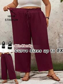 SHEIN CURVE+ Plus Size Casual Solid Color Loose Fit Long Pants Summer/Country/Beach Vacation/Beach/Beach Wear - Red Violet - View 7