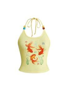 ROMWE Y2K Cute Bombshell Island Vacation Goldfish Graffiti Print Women Halter Top - Light Yellow - View 1