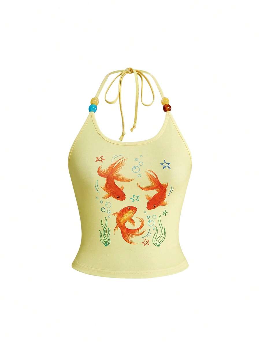 ROMWE Y2K Cute Bombshell Island Vacation Goldfish Graffiti Print Women Halter Top - Light Yellow - View 1