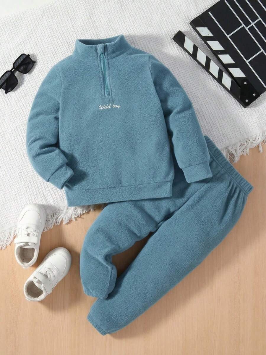 SHEIN 2pcs Young Boys Casual Everyday Zipper Placket Top And Pants Set, Autumn Chic Outfits For Autumn/Winter - Teal Blue - View 1