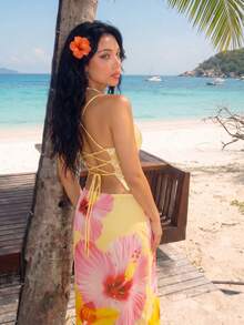 Sweetina Áo tank top nữ kiểu dáng nghỉ dưỡng, hở lưng, dây chéo đính sequin. - Vàng nhạt - Xem 2