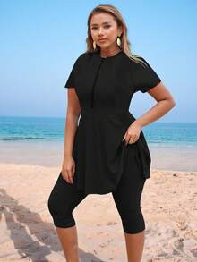 Swim Mulvari Bộ đồ bơi Burkini 2 mảnh tay ngắn, khóa kéo, cổ tròn, thắt eo, kín đáo, thích hợp cho nữ cỡ lớn, thích hợp cho kỳ nghỉ. - màu đen - Xem 6