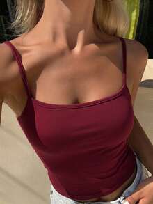 DAZY 女士方领修身短款吊带背心，夏季休闲街头风打底衫 - 酒紅色 - View 6
