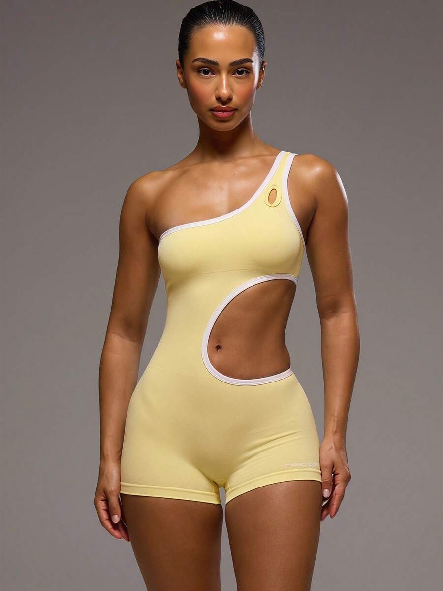 Musera Sport Contrast Cut Out Active Playsuit Unitard Sport Workout Gym Pilates Fitness Daily Girly Casual Hot Sweat Summer - Light Yellow - View 1
