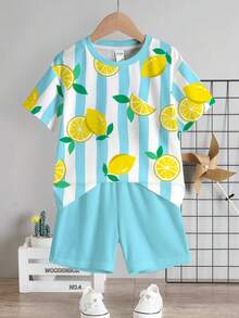 SHEIN Bộ áo thun đơn giản thường ngày cho bé trai, họa tiết sọc chanh cổ điển, thích hợp cho kỳ nghỉ. - Nhiều màu - Xem 2