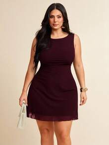 SHEIN BAE Plus Size Women Sleeveless Mesh Dress, Spring/Summer - Maroon - View 4