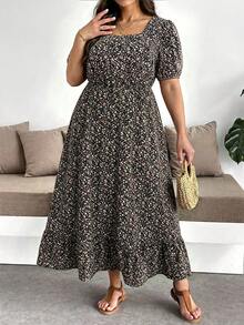 SHEIN Clasi 大码极简印花方领短袖连衣裙 - 黑色 - 查看 4