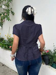 SHEIN Comfortcana 大码女式夏季休闲/办公通勤格纹印花翻领花瓣袖修身衬衫 - 藍色 - 查看 9