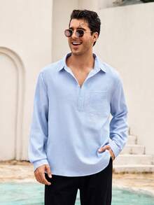 Mercer Haus 男士亞麻條紋套頭襯衫，寬鬆情侶款海灘度假穿搭 - 藍色 - 查看 5